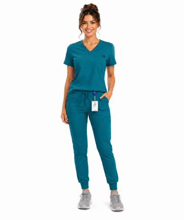 M&M SCRUBS Women’s Jogger Scrub Set, Stretch Medical Scrub Top & Tapered Pants, 8 Pockets ( STYLE 4887 )
