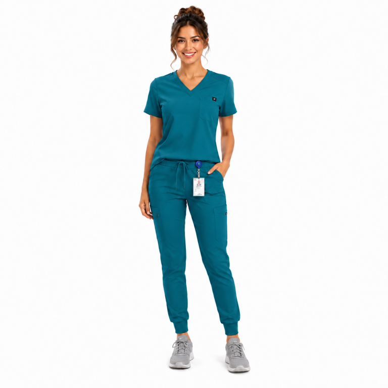 Women’s Jogger Scrub Set, Stretch Medical Scrub Top & Tapered Pants, 8 Pockets