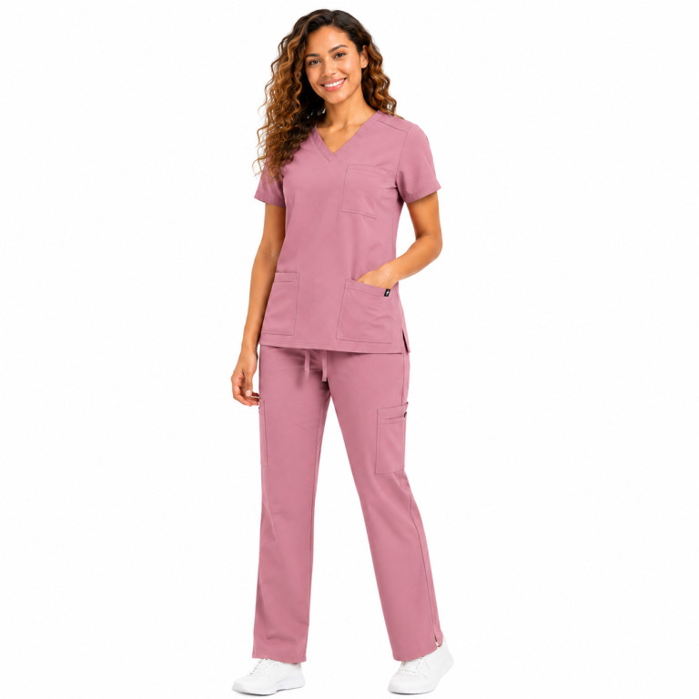 11 Pocket Cool Stretch Cargo Scrub Set, V-Neck Top & Drawstring Straight Leg Pants