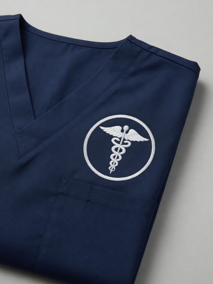 Navy scrub top with left-chest logo embroidery above the pocket