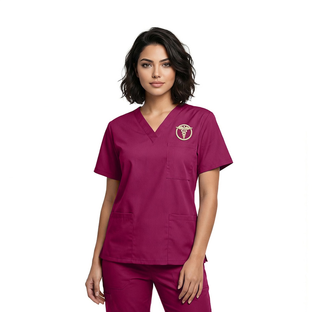 Left-chest embroidery sitting above the pocket on an M&M Scrubs top