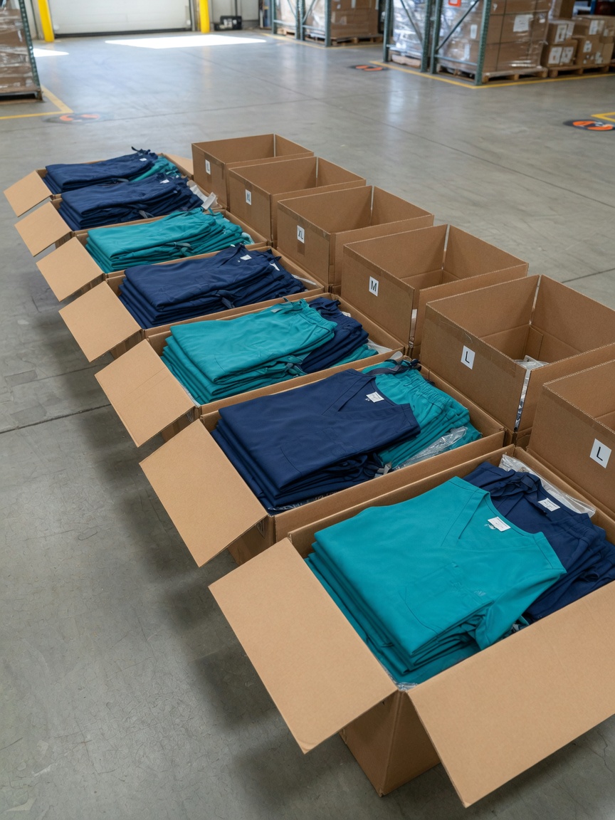 Scrub sets packed and labelled in the warehouse, ready to ship