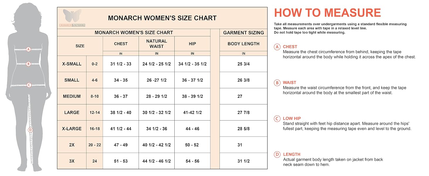 Monarch Uniforms women's size chart for the style 4301 hooded zip-up scrub jacket, chest, waist, hip and body length in inches