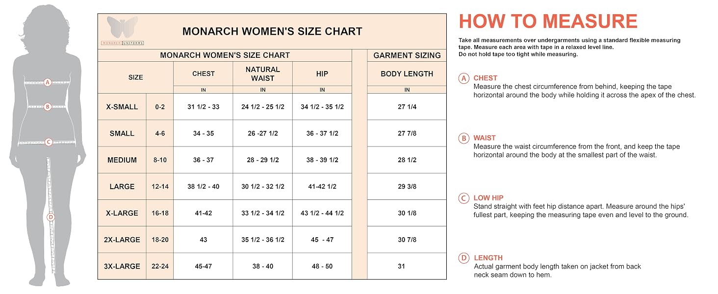 Monarch Uniforms women's size chart for the style 3101 zip-up warm-up scrub jacket, chest, waist, hip and body length in inches