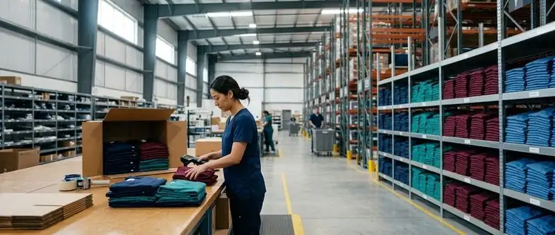 Scrub sets being packed for shipping in the M&M Scrubs warehouse